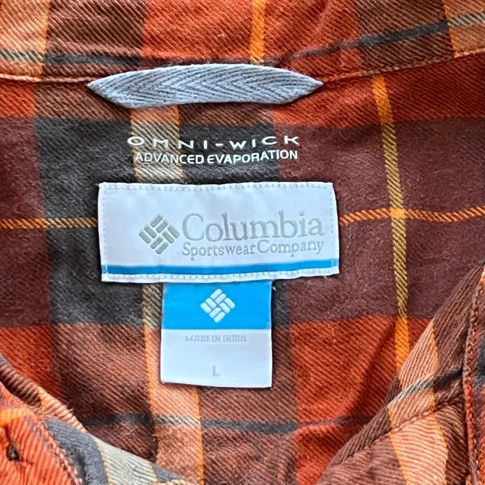 Columbia Omni-Wick Plaid Flannel Long Sleeve Button Up Shirt Men's Size L Orange
